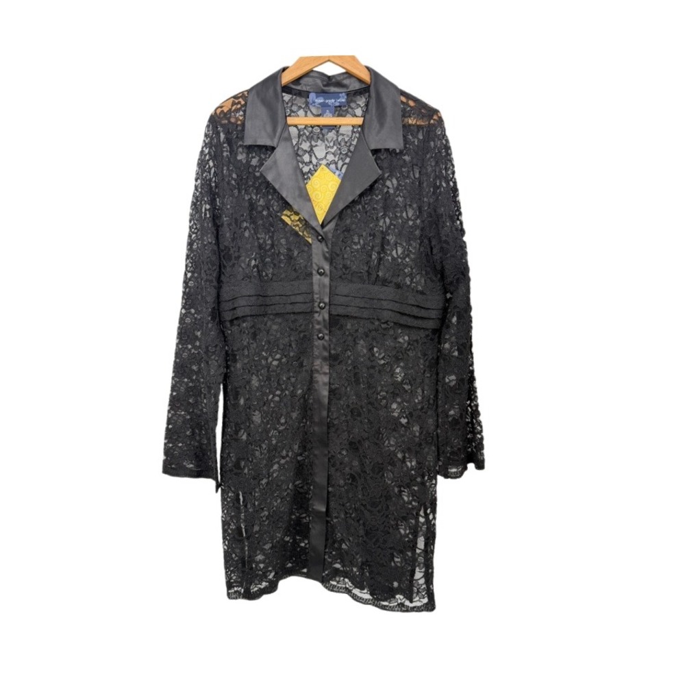 Susan Graver Lace Duster Cardigan Black Sheer Satin Trim Gothic Whimsy Boho XL